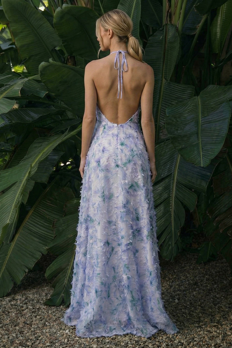 Laden Sie das Bild in den Galerie-Viewer, Hellviolettes Langes Blumenmuster A-Linie Neckholder Rückenloses Festliches Kleid mit Umhang