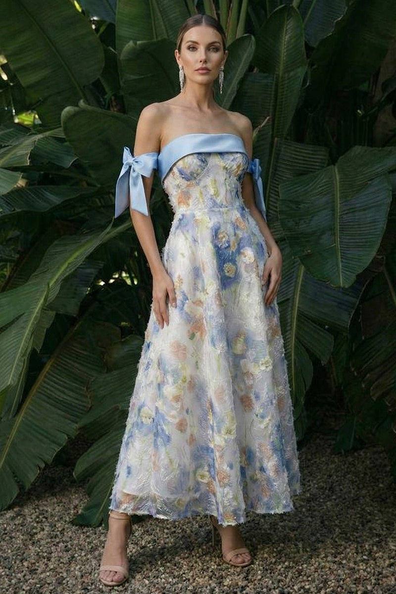 Laden Sie das Bild in den Galerie-Viewer, Hellblaues Langes Blumenmuster A-Linie Festliches Kleid mit Schleifen