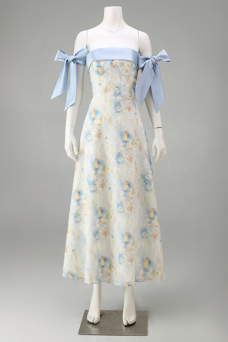 Laden Sie das Bild in den Galerie-Viewer, Hellblaues Langes Blumenmuster A-Linie Festliches Kleid mit Schleifen