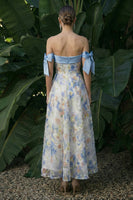 Laden Sie das Bild in den Galerie-Viewer, Hellblaues Langes Blumenmuster A-Linie Festliches Kleid mit Schleifen