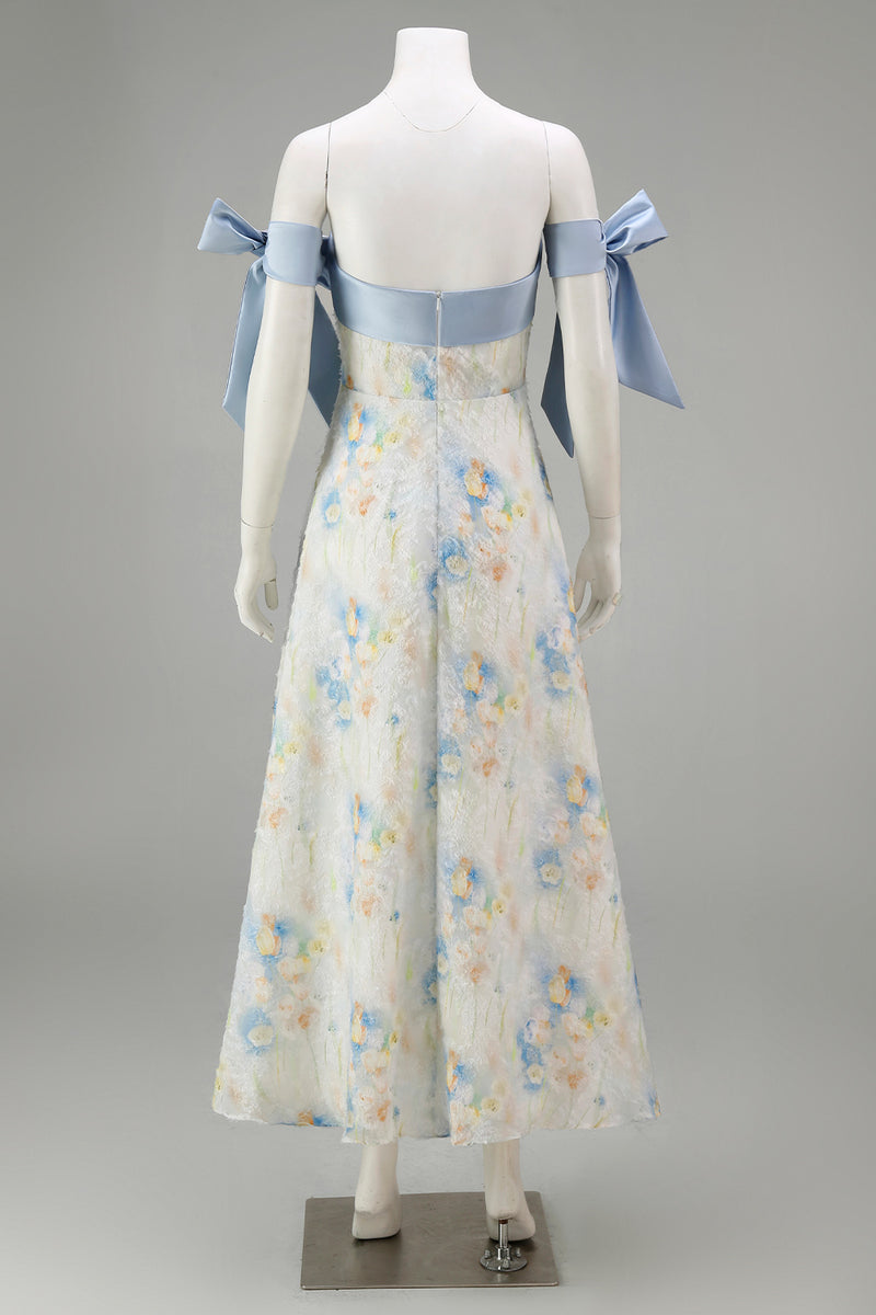 Laden Sie das Bild in den Galerie-Viewer, Hellblaues Langes Blumenmuster A-Linie Festliches Kleid mit Schleifen