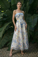 Laden Sie das Bild in den Galerie-Viewer, Hellblaues Langes Blumenmuster A-Linie Festliches Kleid mit Schleifen