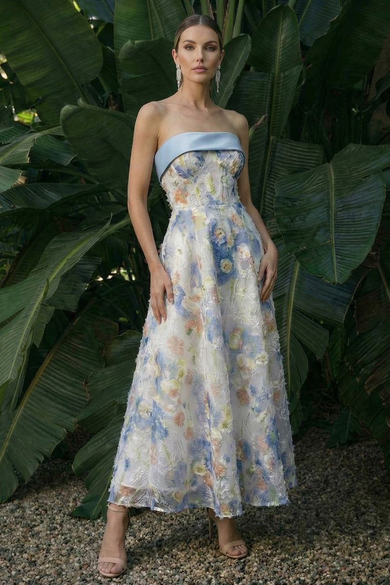 Laden Sie das Bild in den Galerie-Viewer, Hellblaues Langes Blumenmuster A-Linie Festliches Kleid mit Schleifen
