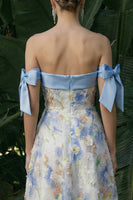 Laden Sie das Bild in den Galerie-Viewer, Hellblaues Langes Blumenmuster A-Linie Festliches Kleid mit Schleifen