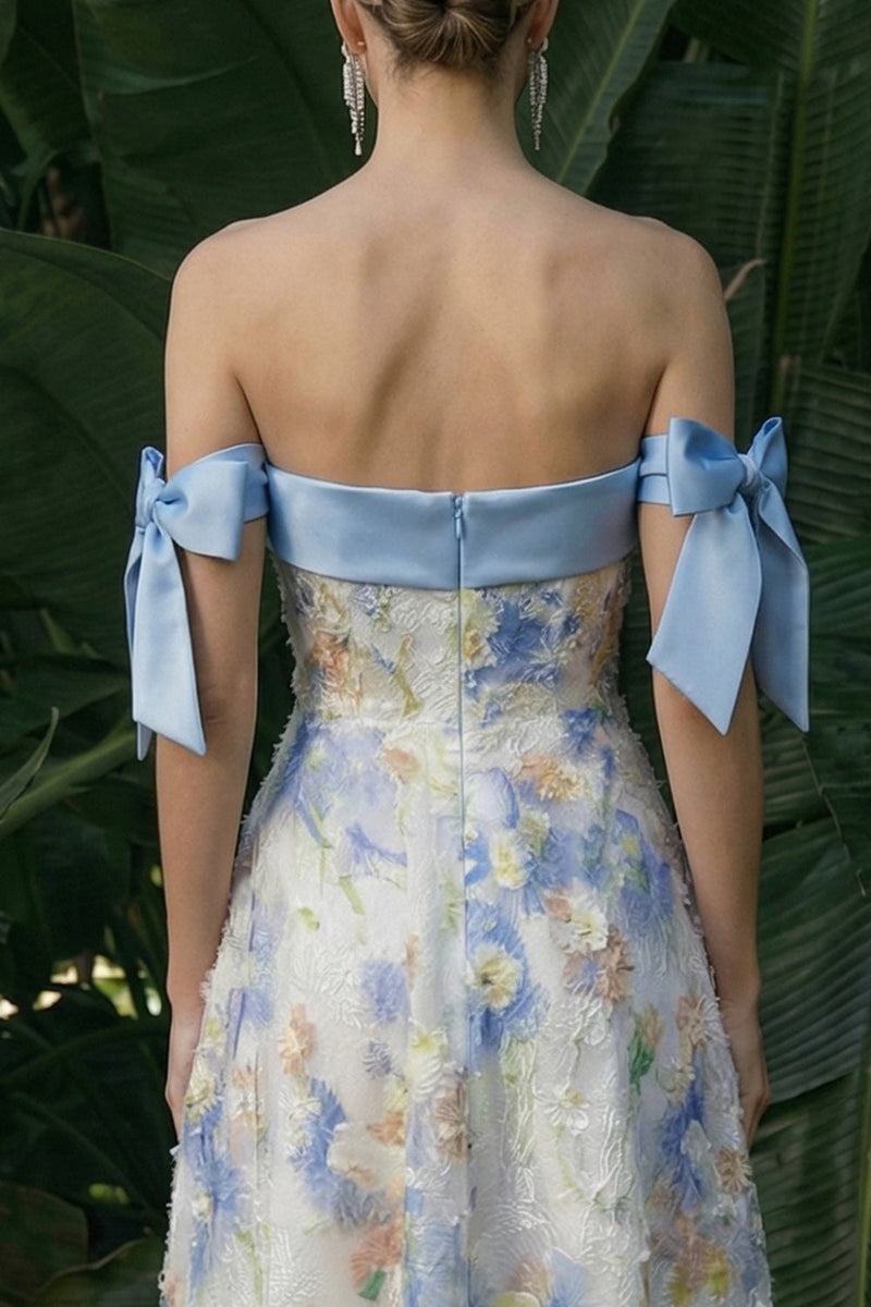 Laden Sie das Bild in den Galerie-Viewer, Hellblaues Langes Blumenmuster A-Linie Festliches Kleid mit Schleifen
