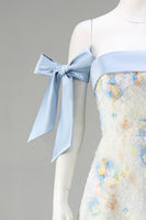 Laden Sie das Bild in den Galerie-Viewer, Hellblaues Langes Blumenmuster A-Linie Festliches Kleid mit Schleifen