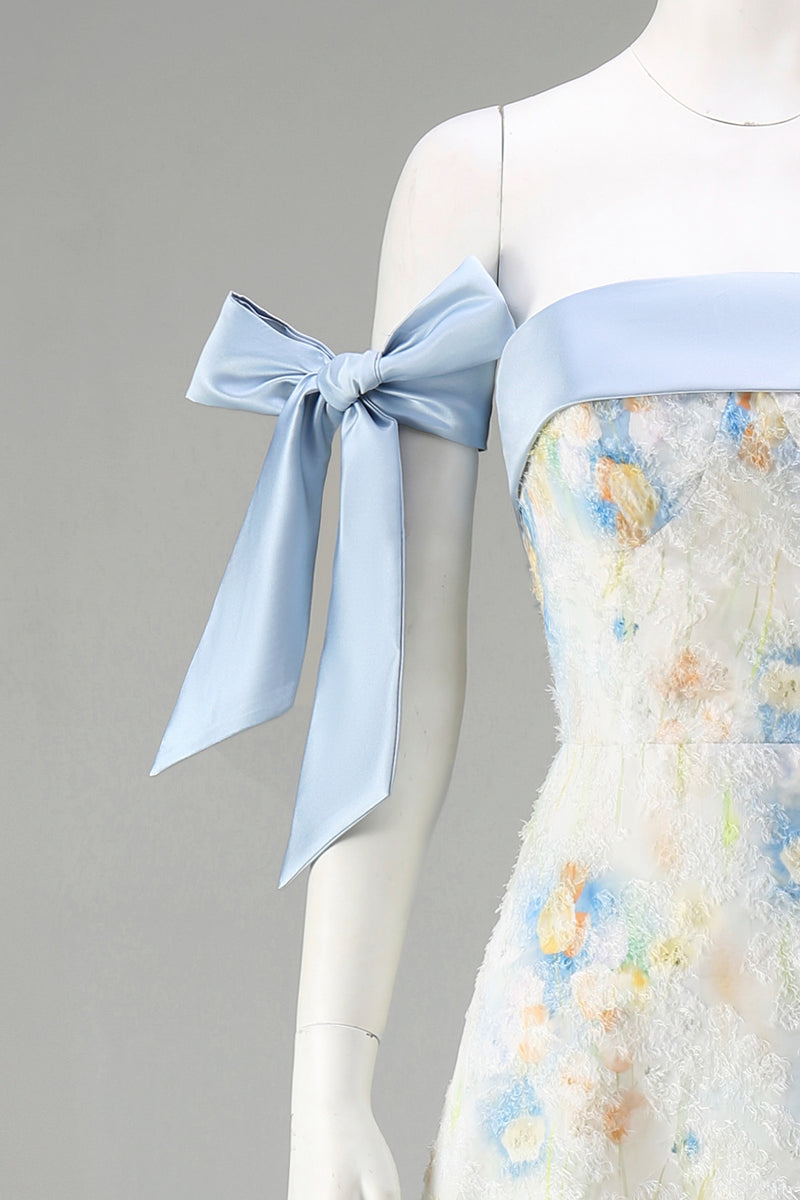 Laden Sie das Bild in den Galerie-Viewer, Hellblaues Langes Blumenmuster A-Linie Festliches Kleid mit Schleifen