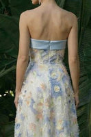 Laden Sie das Bild in den Galerie-Viewer, Hellblaues Langes Blumenmuster A-Linie Festliches Kleid mit Schleifen