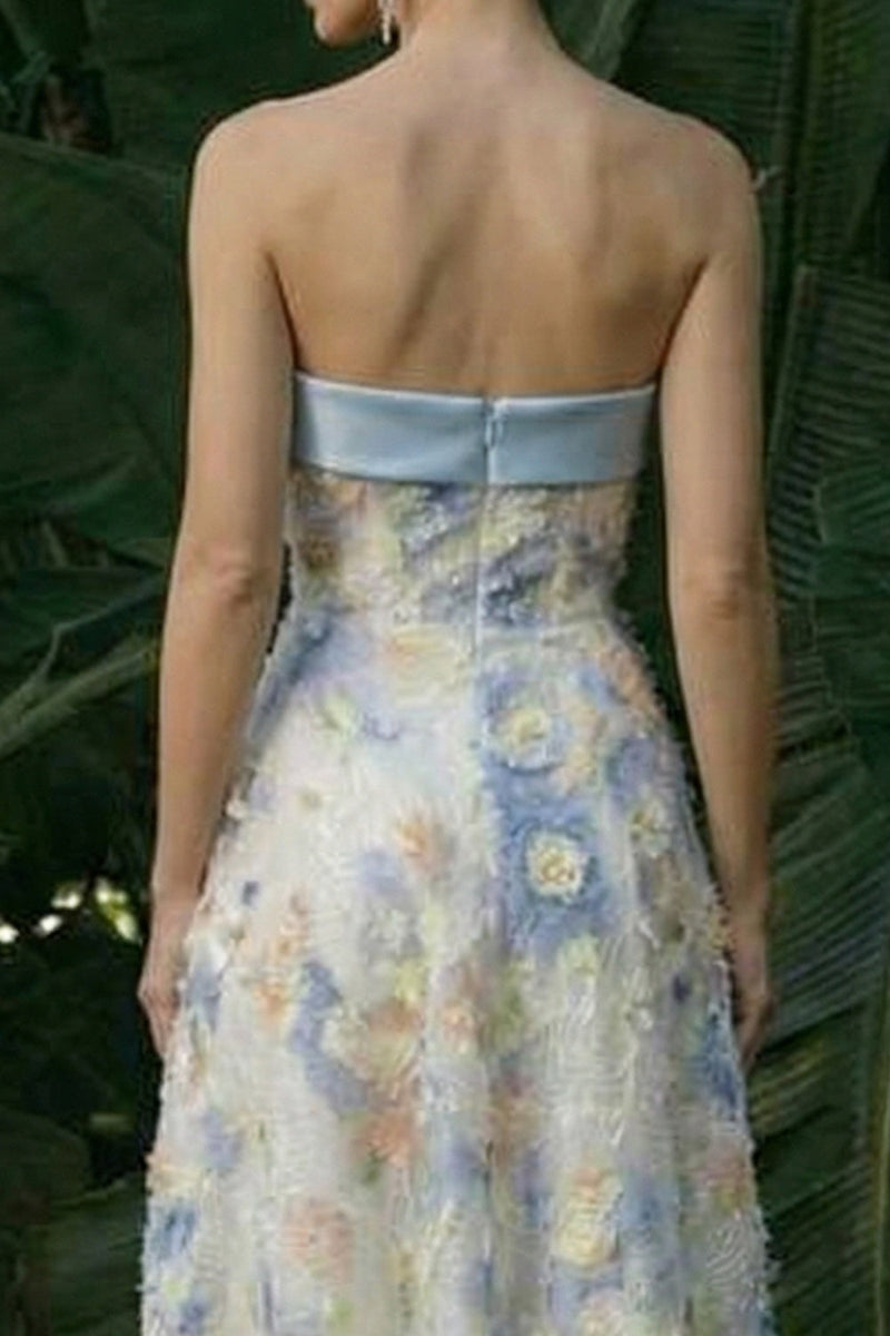 Laden Sie das Bild in den Galerie-Viewer, Hellblaues Langes Blumenmuster A-Linie Festliches Kleid mit Schleifen
