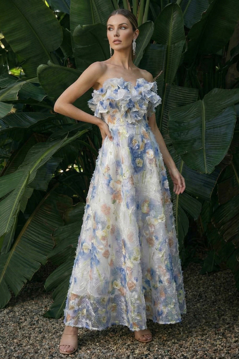Laden Sie das Bild in den Galerie-Viewer, Hellblaues A-Linie Rüschen Geblümtes Langes Festkleid