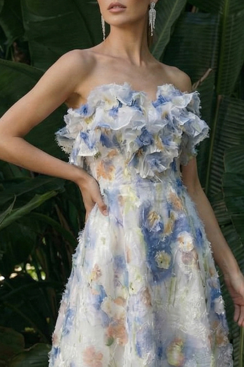 Laden Sie das Bild in den Galerie-Viewer, Hellblaues A-Linie Rüschen Geblümtes Langes Festkleid