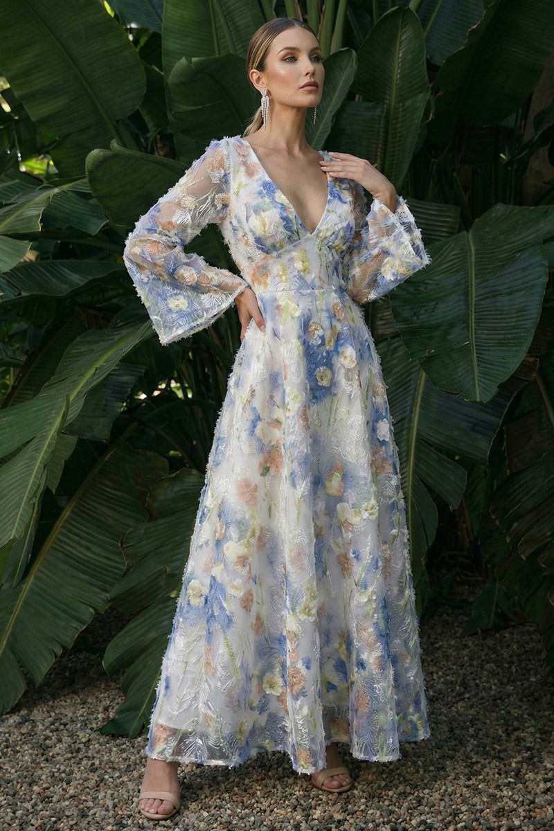 Laden Sie das Bild in den Galerie-Viewer, Hellblaues A-Linie Langärmeliges Blumenkleid mit V-Ausschnitt