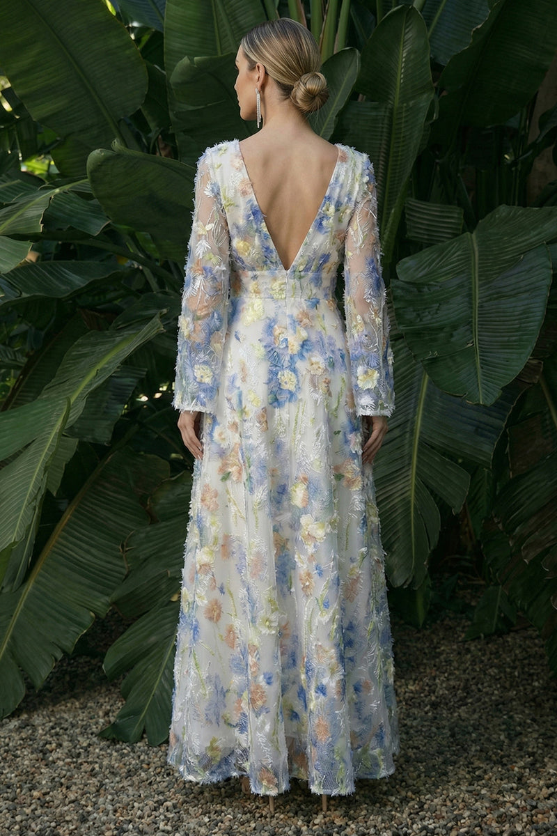 Laden Sie das Bild in den Galerie-Viewer, Hellblaues A-Linie Langärmeliges Blumenkleid mit V-Ausschnitt