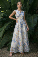 Laden Sie das Bild in den Galerie-Viewer, Hellblaues Langes Blumenmuster A-Linie Festliches Kleid