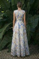 Laden Sie das Bild in den Galerie-Viewer, Hellblaues Langes Blumenmuster A-Linie Festliches Kleid