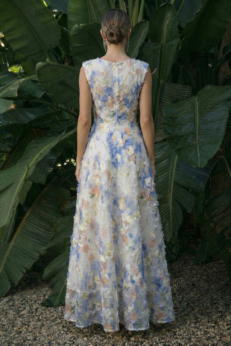 Laden Sie das Bild in den Galerie-Viewer, Hellblaues Langes Blumenmuster A-Linie Festliches Kleid