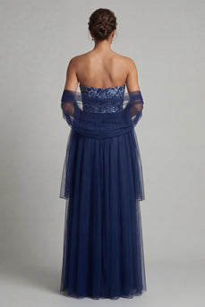 Marineblaues A Linie Trägerloses Langes Tüll Kleid Mutter der Braut mit Girlande