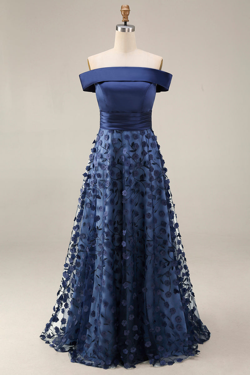 Laden Sie das Bild in den Galerie-Viewer, Schulterfreies Marineblaues Pailletten A-Linie Langes Mutter der Braut Kleid