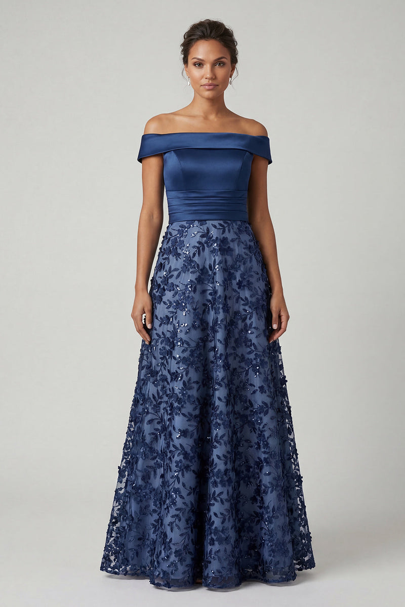 Laden Sie das Bild in den Galerie-Viewer, Schulterfreies Marineblaues Pailletten A-Linie Langes Mutter der Braut Kleid
