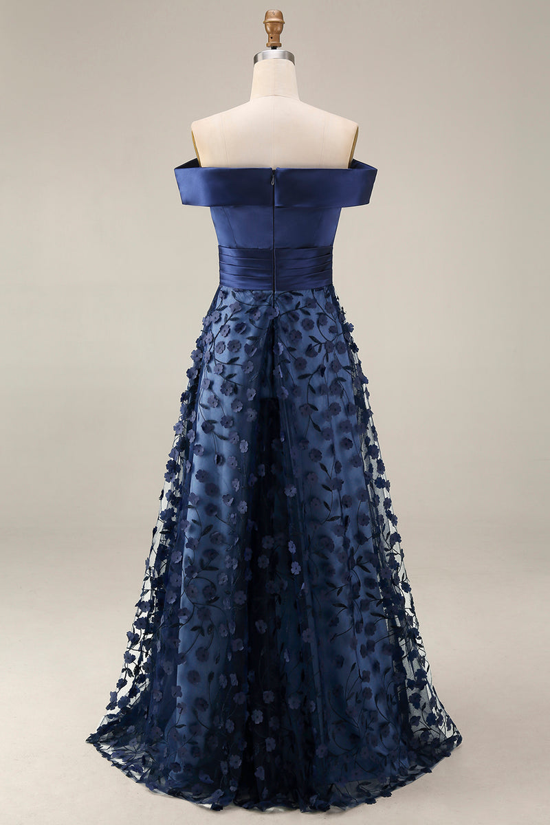 Laden Sie das Bild in den Galerie-Viewer, Schulterfreies Marineblaues Pailletten A-Linie Langes Mutter der Braut Kleid