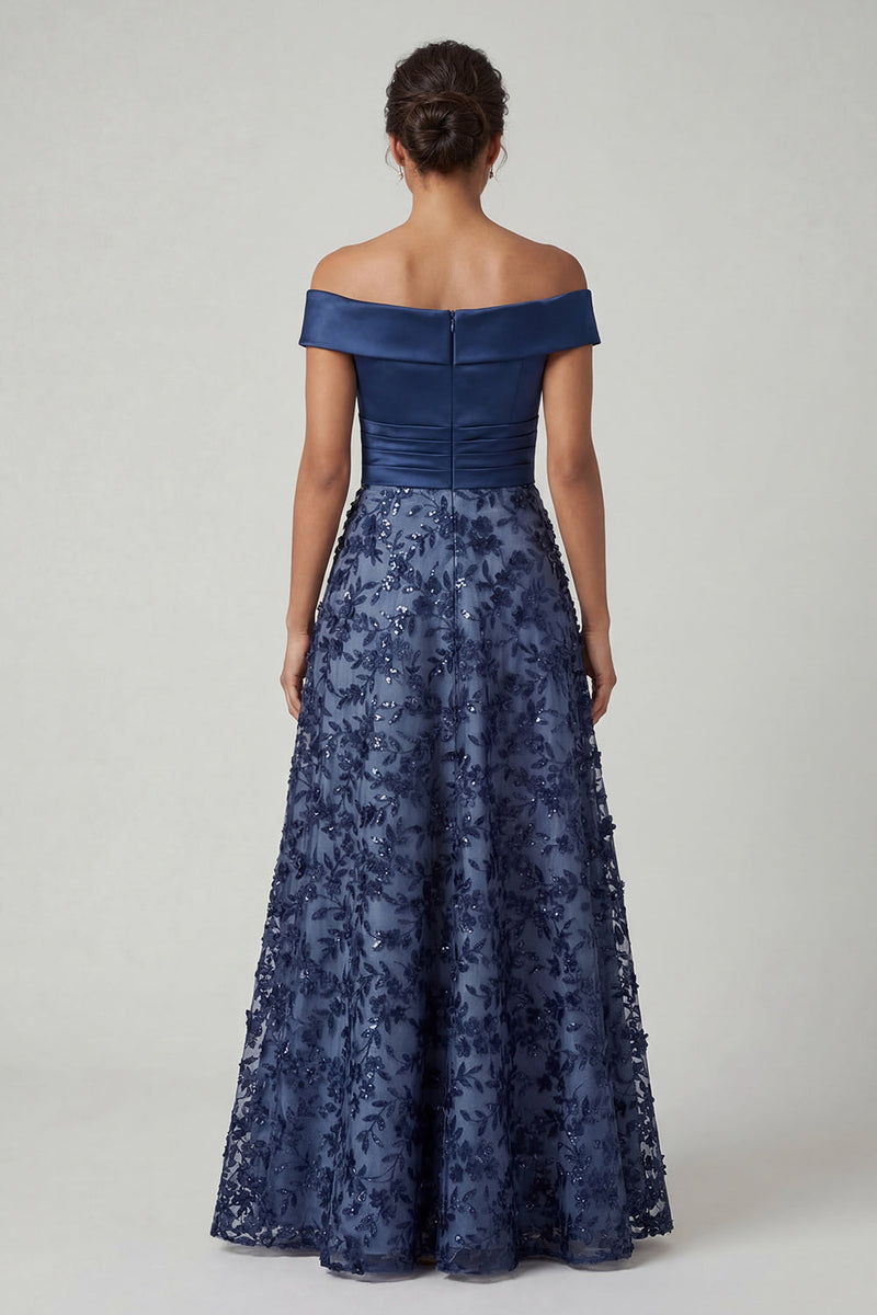 Laden Sie das Bild in den Galerie-Viewer, Schulterfreies Marineblaues Pailletten A-Linie Langes Mutter der Braut Kleid
