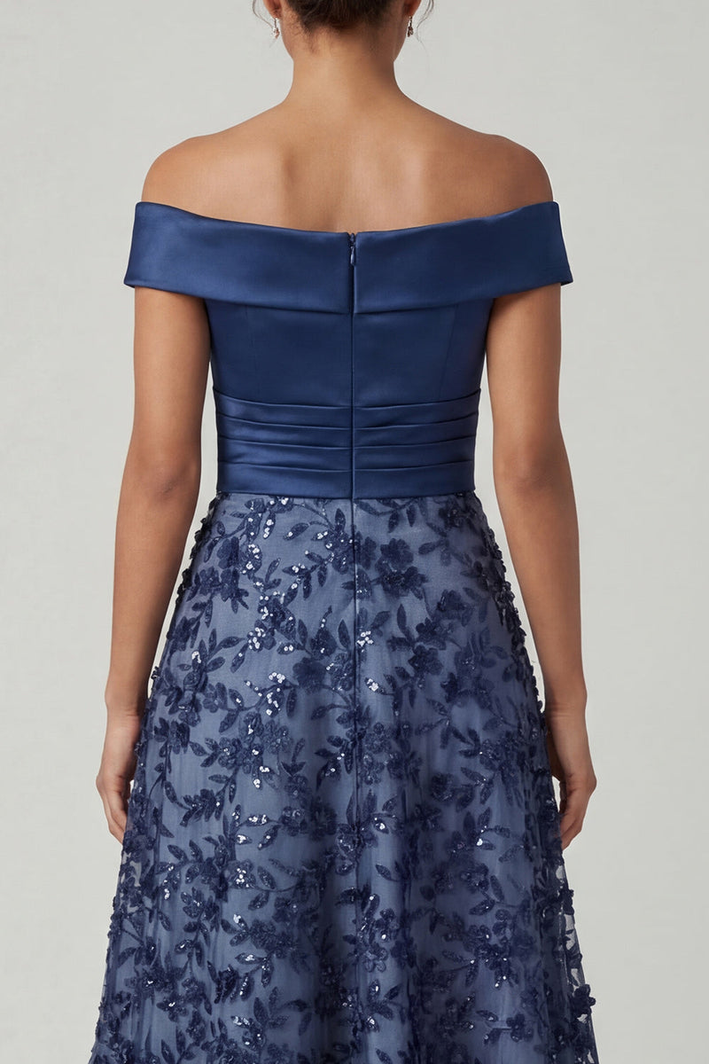 Laden Sie das Bild in den Galerie-Viewer, Schulterfreies Marineblaues Pailletten A-Linie Langes Mutter der Braut Kleid