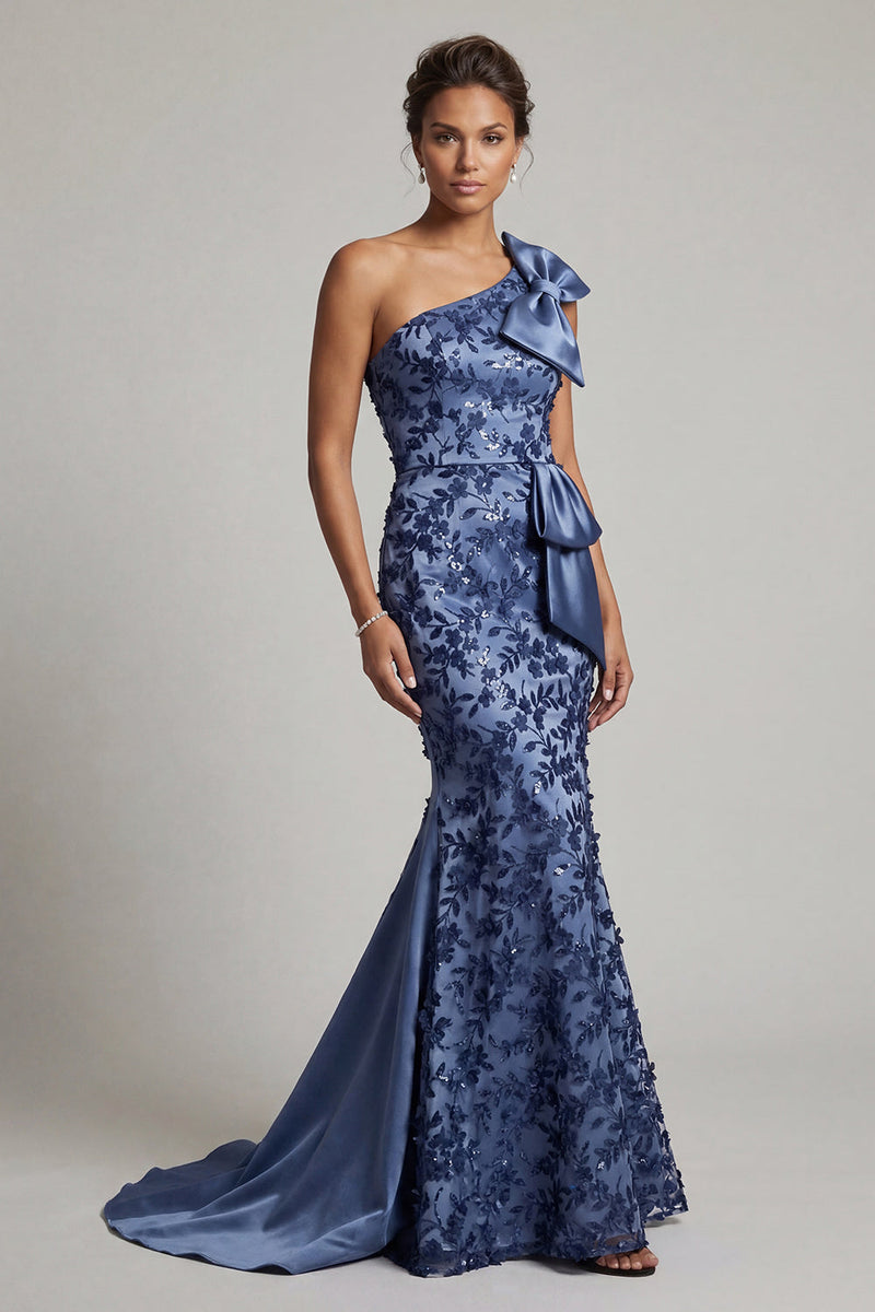 Laden Sie das Bild in den Galerie-Viewer, Marineblaues Einschulter Meerjungfrauen Pailletten Langes Mutter der Braut Kleid mit Schleife