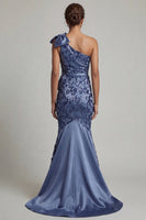 Laden Sie das Bild in den Galerie-Viewer, Marineblaues Einschulter Meerjungfrauen Pailletten Langes Mutter der Braut Kleid mit Schleife