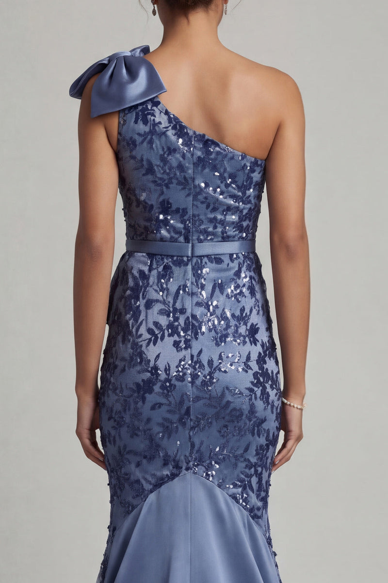 Laden Sie das Bild in den Galerie-Viewer, Marineblaues Einschulter Meerjungfrauen Pailletten Langes Mutter der Braut Kleid mit Schleife