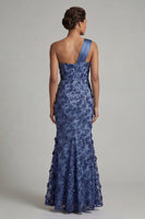 Laden Sie das Bild in den Galerie-Viewer, Glitzerndes Marineblaues Meerjungfrau Einschulter Langes Mutter der Braut Kleid mit Pailletten