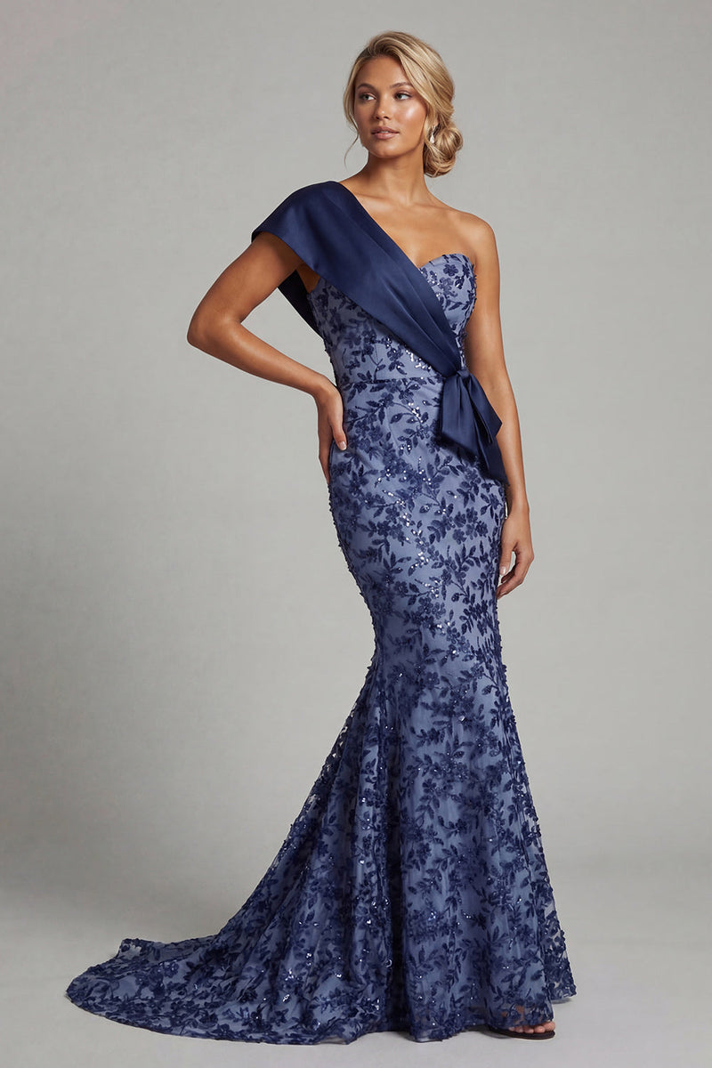Laden Sie das Bild in den Galerie-Viewer, Marineblaues Pailletten Einschulter Meerjungfrau Langes Mutter der Braut Kleid mit Schleifen