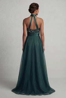 Halter A-Linie Langes Dunkelgrünes Mutter der Braut Kleid