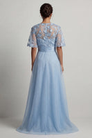 Laden Sie das Bild in den Galerie-Viewer, Himmelblaues Chiffon A-Linie Halbärmel Langes Mutter der Braut Kleid mit 3D-Blumen