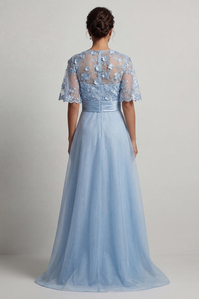 Laden Sie das Bild in den Galerie-Viewer, Himmelblaues Chiffon A-Linie Halbärmel Langes Mutter der Braut Kleid mit 3D-Blumen
