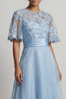 Laden Sie das Bild in den Galerie-Viewer, Himmelblaues Chiffon A-Linie Halbärmel Langes Mutter der Braut Kleid mit 3D-Blumen