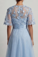 Laden Sie das Bild in den Galerie-Viewer, Himmelblaues Chiffon A-Linie Halbärmel Langes Mutter der Braut Kleid mit 3D-Blumen