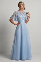 Laden Sie das Bild in den Galerie-Viewer, Himmelblaues Chiffon A-Linie Halbärmel Langes Mutter der Braut Kleid mit 3D-Blumen