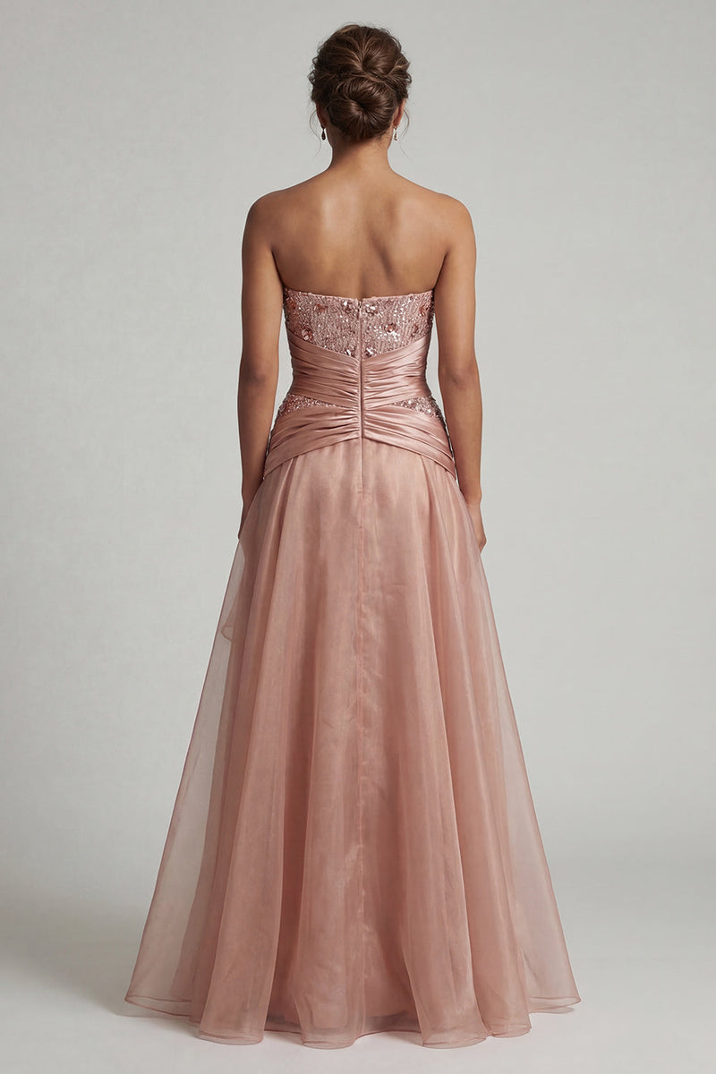 Laden Sie das Bild in den Galerie-Viewer, Trägerloseses Staubiges Rosa Plissiertes Langes A-Linie Mutter der Braut Kleid mit Pailletten