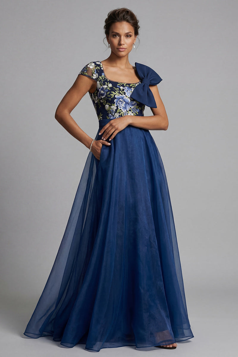 Laden Sie das Bild in den Galerie-Viewer, Marineblaues Blume A-Linie Chiffon Quadrathals Langes Mutter der Braut Kleid mit Schleife