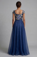 Laden Sie das Bild in den Galerie-Viewer, Marineblaues Blume A-Linie Chiffon Quadrathals Langes Mutter der Braut Kleid mit Schleife