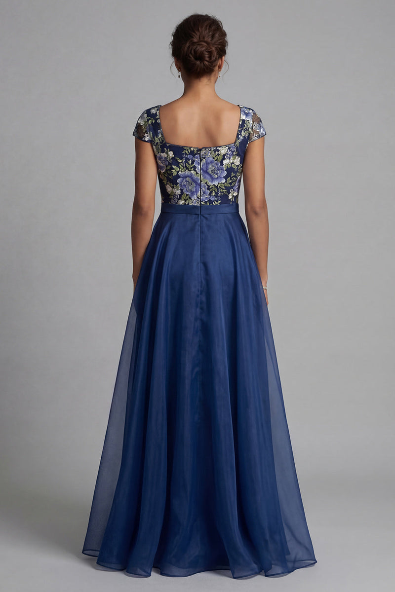 Laden Sie das Bild in den Galerie-Viewer, Marineblaues Blume A-Linie Chiffon Quadrathals Langes Mutter der Braut Kleid mit Schleife