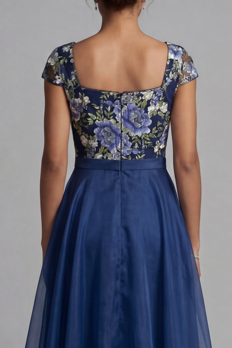 Laden Sie das Bild in den Galerie-Viewer, Marineblaues Blume A-Linie Chiffon Quadrathals Langes Mutter der Braut Kleid mit Schleife