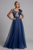 Laden Sie das Bild in den Galerie-Viewer, Marineblaues Blume A-Linie Chiffon Quadrathals Langes Mutter der Braut Kleid mit Schleife