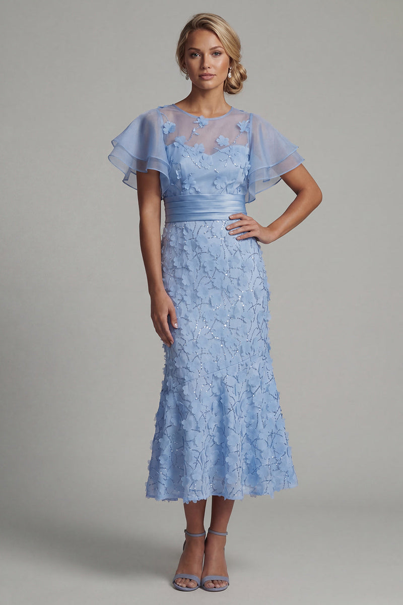 Laden Sie das Bild in den Galerie-Viewer, Hellblaues Meerjungfrauen Applikation Kleid der Mutter der Braut mit Rüschenärmeln