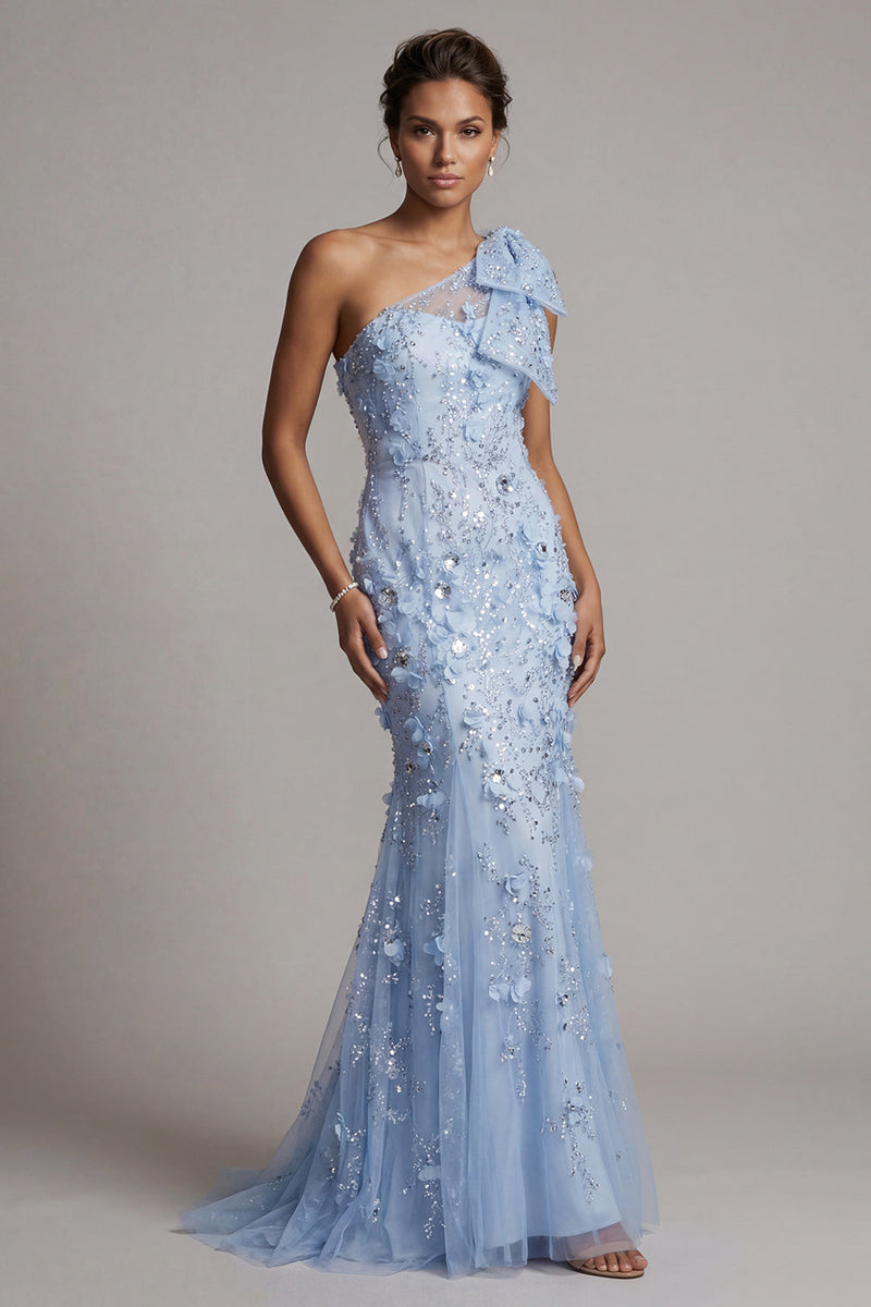 Laden Sie das Bild in den Galerie-Viewer, Einschulter Meerjungfrau Himmelblaues Pailletten Langes Mutter der Braut Kleid mit 3D-Blumen