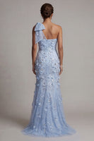 Laden Sie das Bild in den Galerie-Viewer, Einschulter Meerjungfrau Himmelblaues Pailletten Langes Mutter der Braut Kleid mit 3D-Blumen
