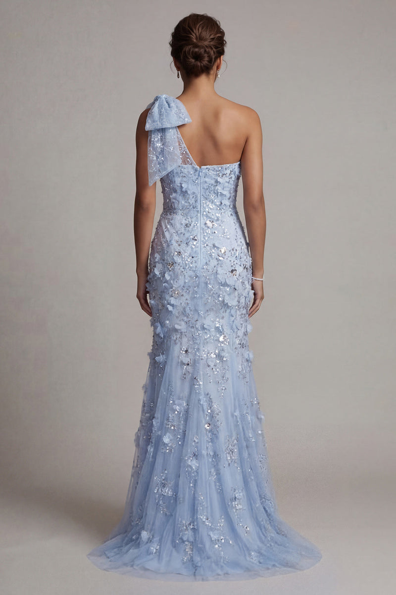 Laden Sie das Bild in den Galerie-Viewer, Einschulter Meerjungfrau Himmelblaues Pailletten Langes Mutter der Braut Kleid mit 3D-Blumen