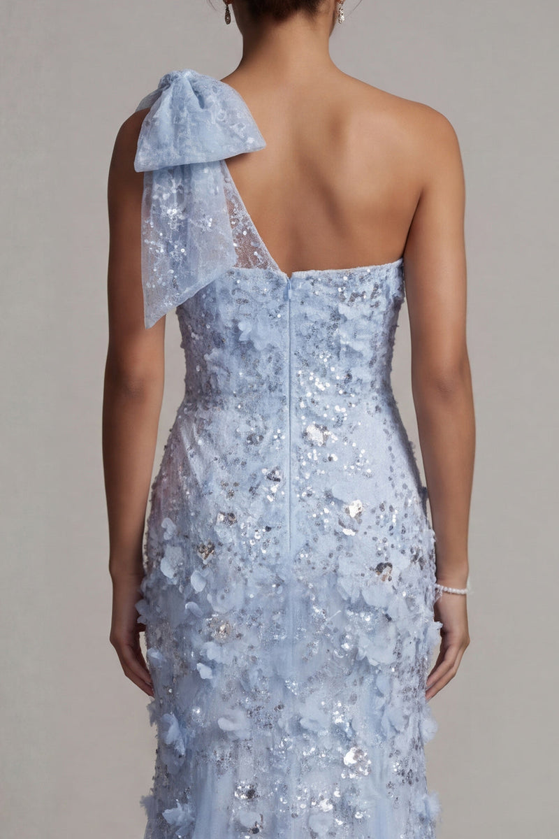 Laden Sie das Bild in den Galerie-Viewer, Einschulter Meerjungfrau Himmelblaues Pailletten Langes Mutter der Braut Kleid mit 3D-Blumen