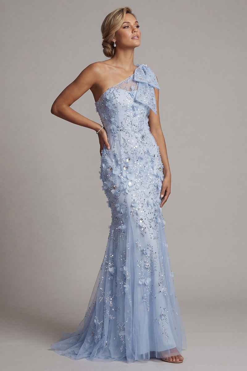 Laden Sie das Bild in den Galerie-Viewer, Einschulter Meerjungfrau Himmelblaues Pailletten Langes Mutter der Braut Kleid mit 3D-Blumen