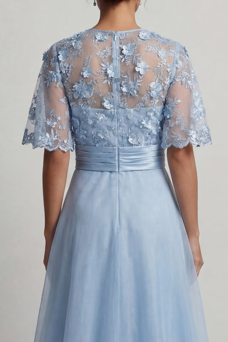 Laden Sie das Bild in den Galerie-Viewer, Himmelblaues A-Linie 3D-Blumen Langes Mutter der Braut Kleid mit halben Ärmeln